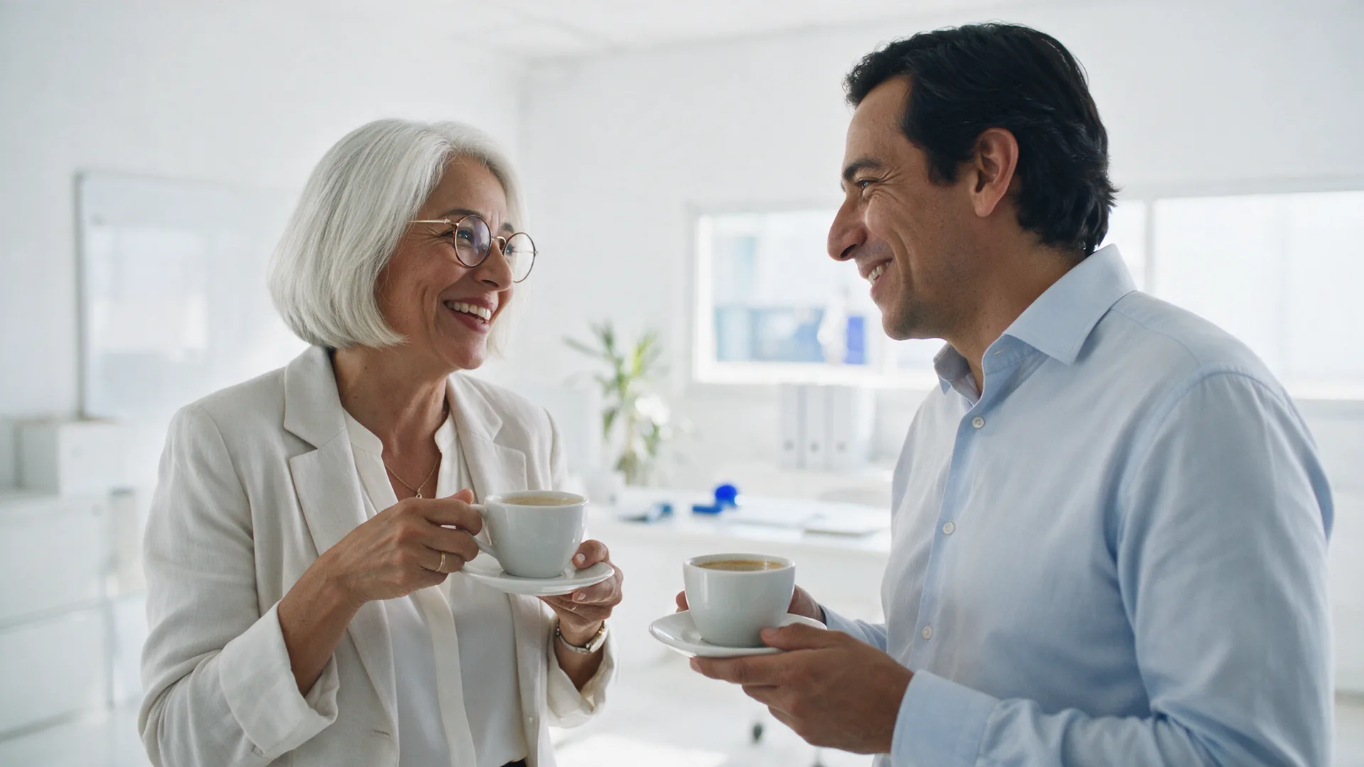 Una contadora y su cliente conversan con un café en la mano, en una oficina luminosa.