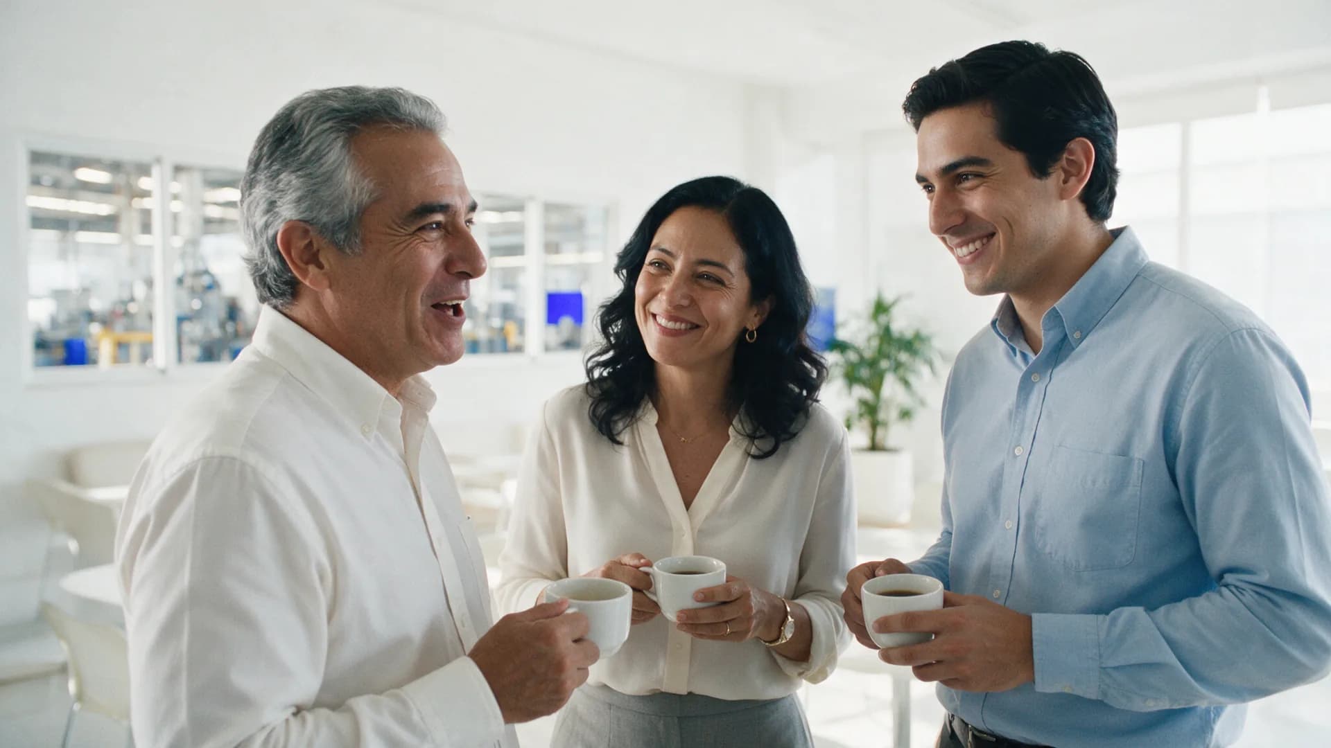 Tres colegas conversan con un café junto al ventanal que da a la planta.