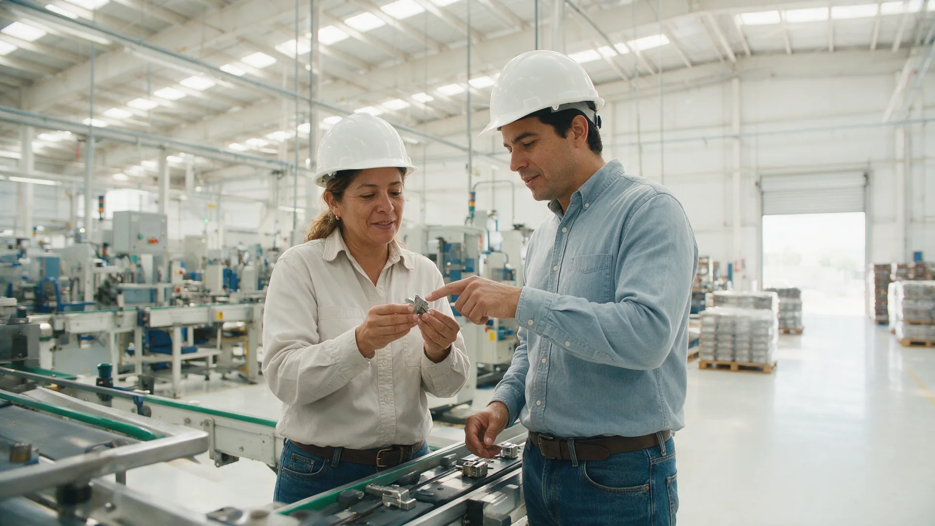 Dos supervisores revisan una pieza junto a la línea de producción de una planta luminosa.