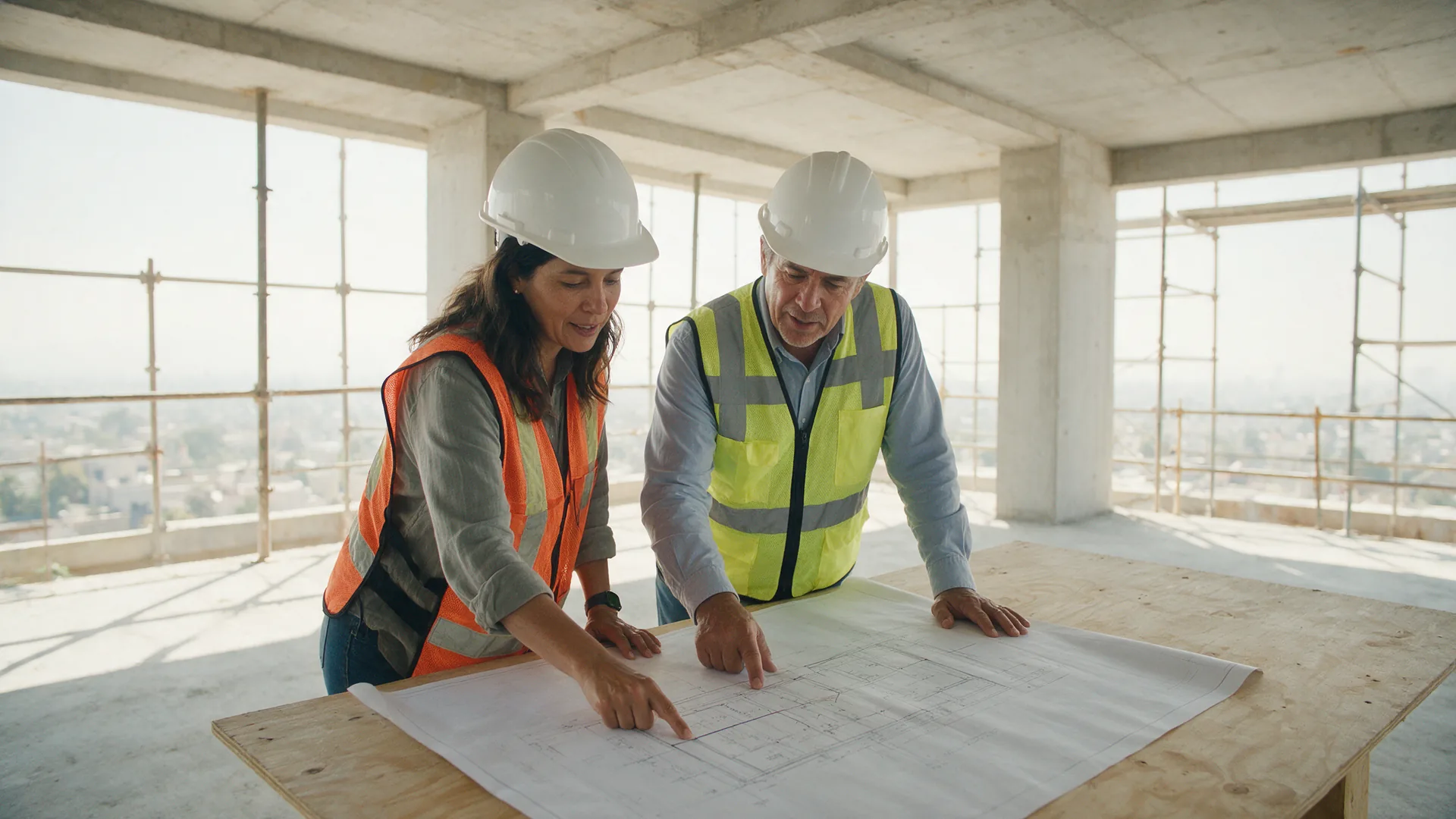 Dos responsables de obra revisan un plano sobre una mesa de madera, en una planta en obra negra.