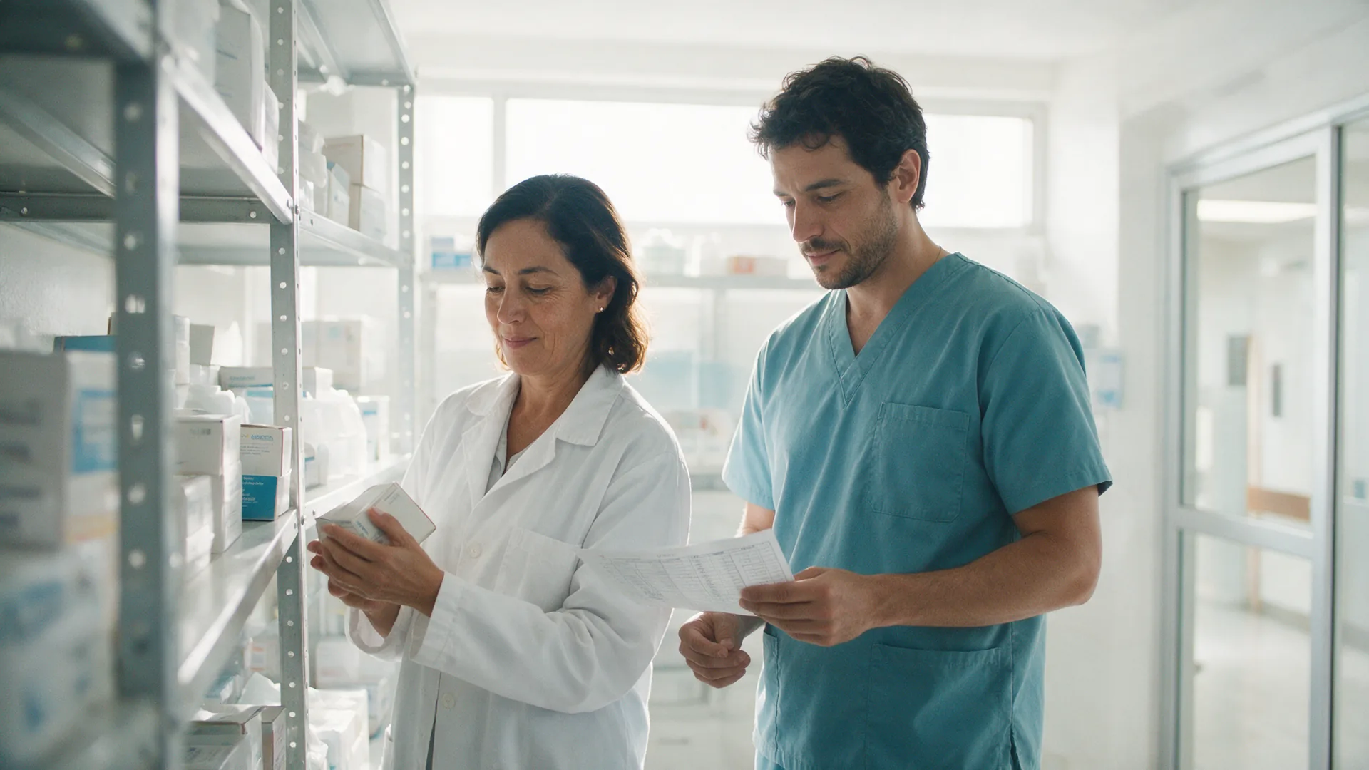 Una responsable de almacén revisa una caja de insumos con un enfermero, entre los anaqueles de una clínica.