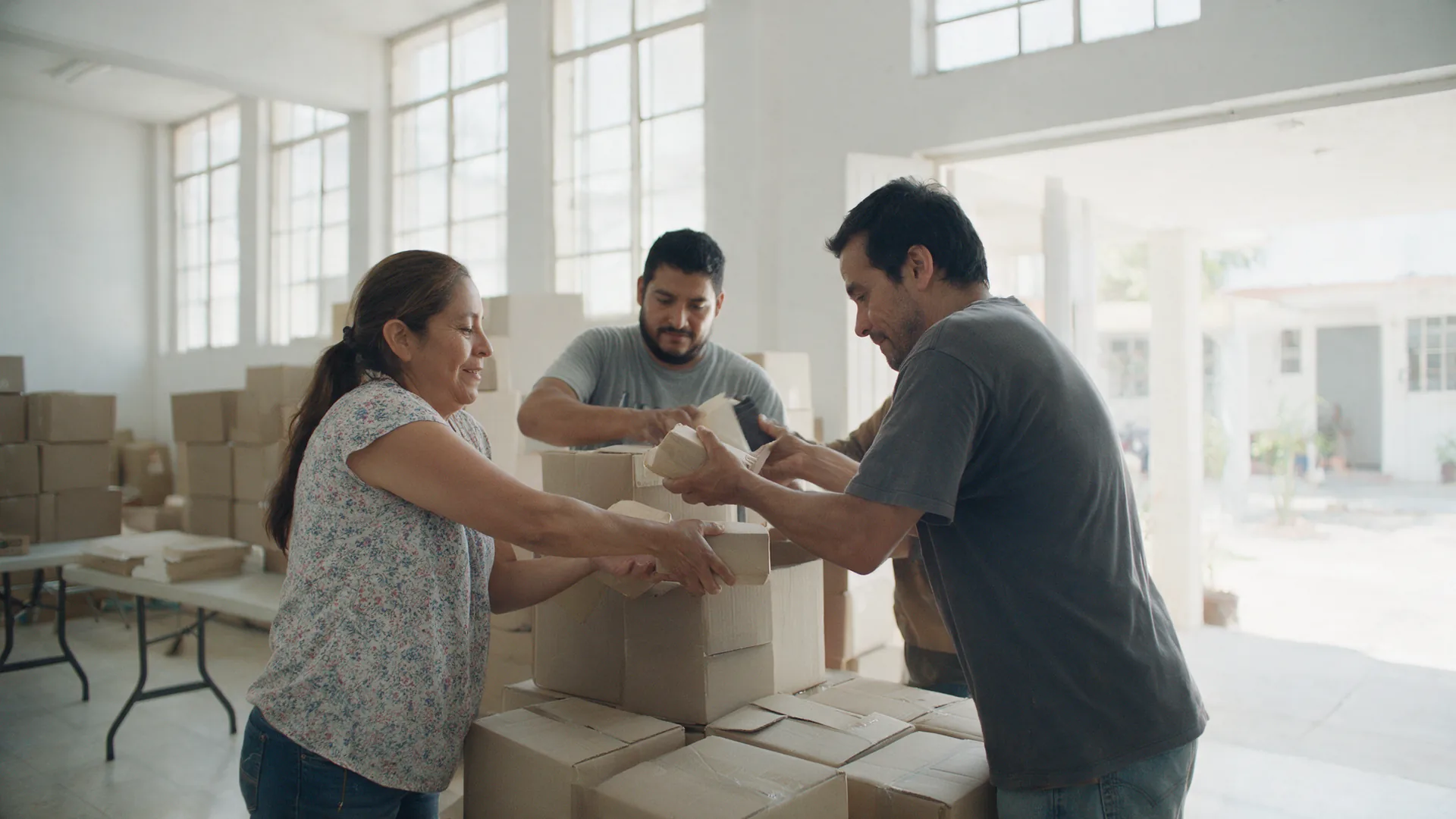 Tres personas se pasan cajas de apoyos en un salón comunitario luminoso, con la puerta abierta al patio.