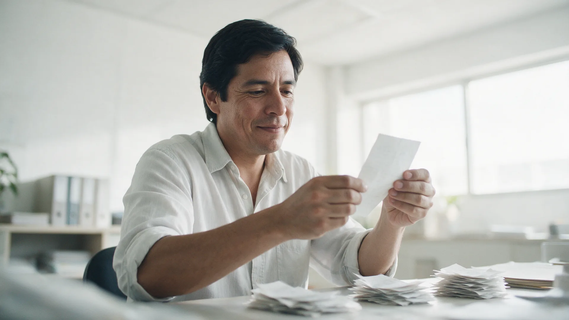 Alguien separa comprobantes de gasto en su escritorio, revisando uno a contraluz.