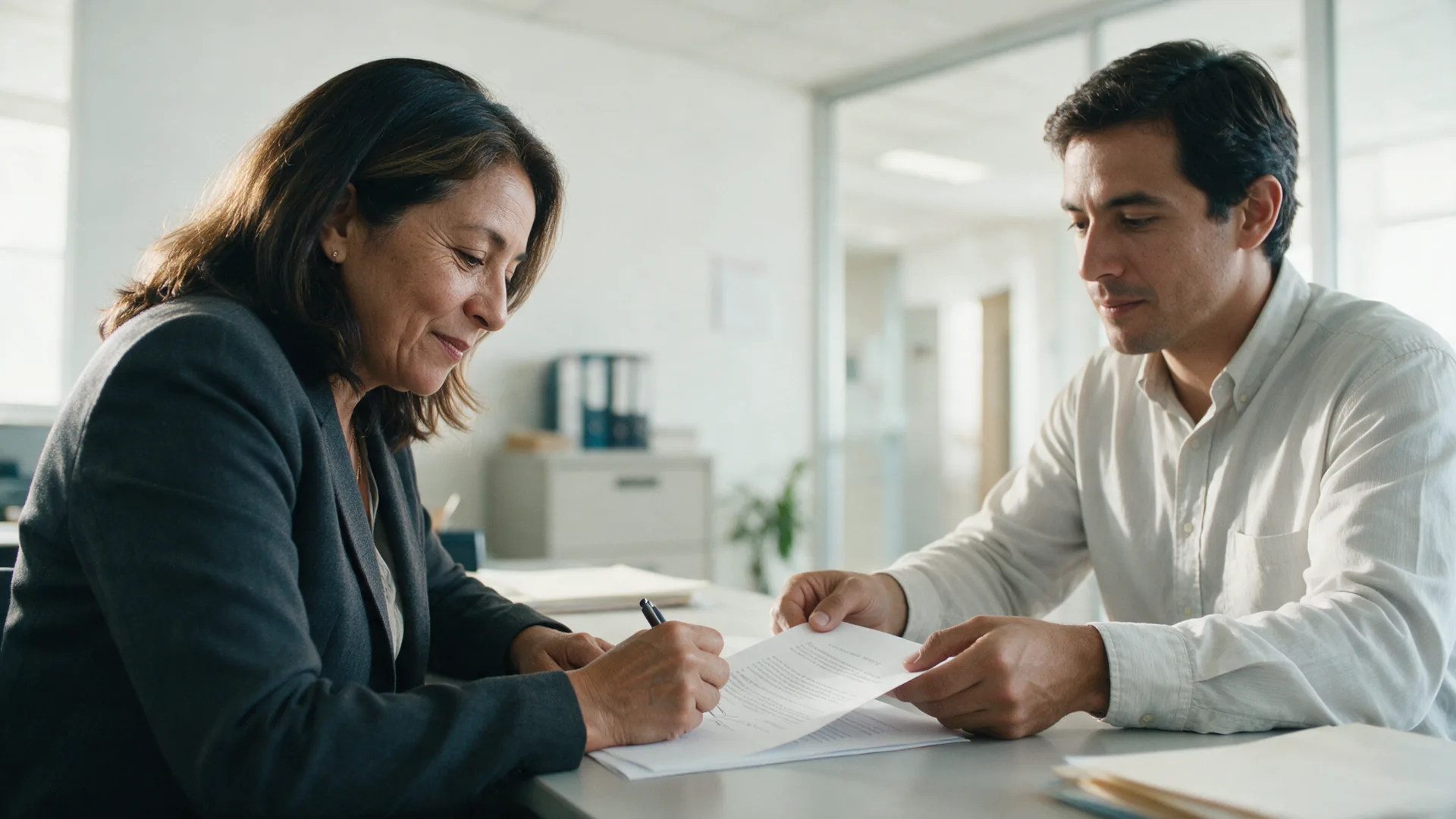 Una directora firma una autorización que alguien de su equipo le acaba de poner enfrente.