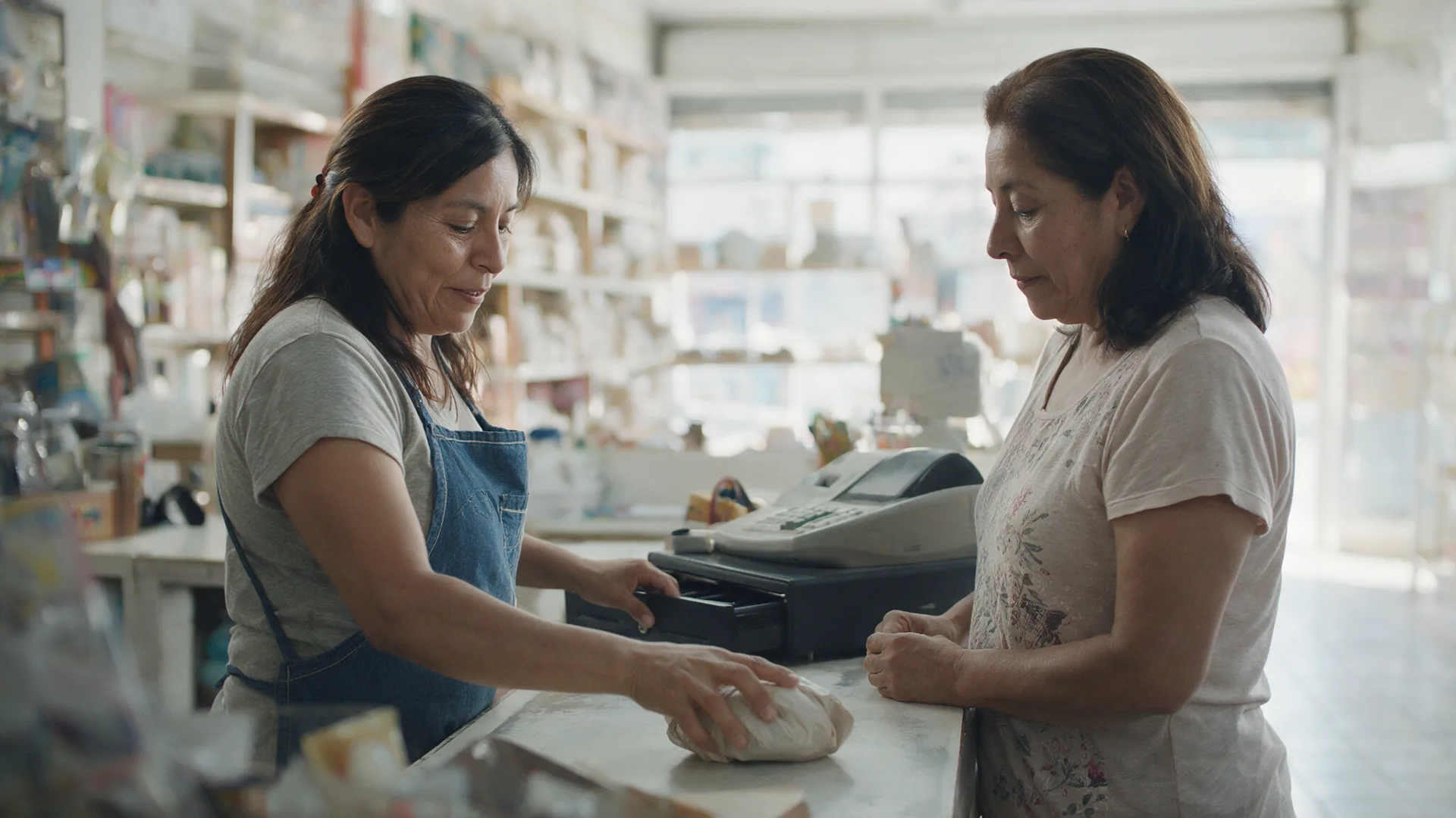 Una encargada entrega la compra envuelta sobre el mostrador y cierra el cajón, con la tienda al fondo.